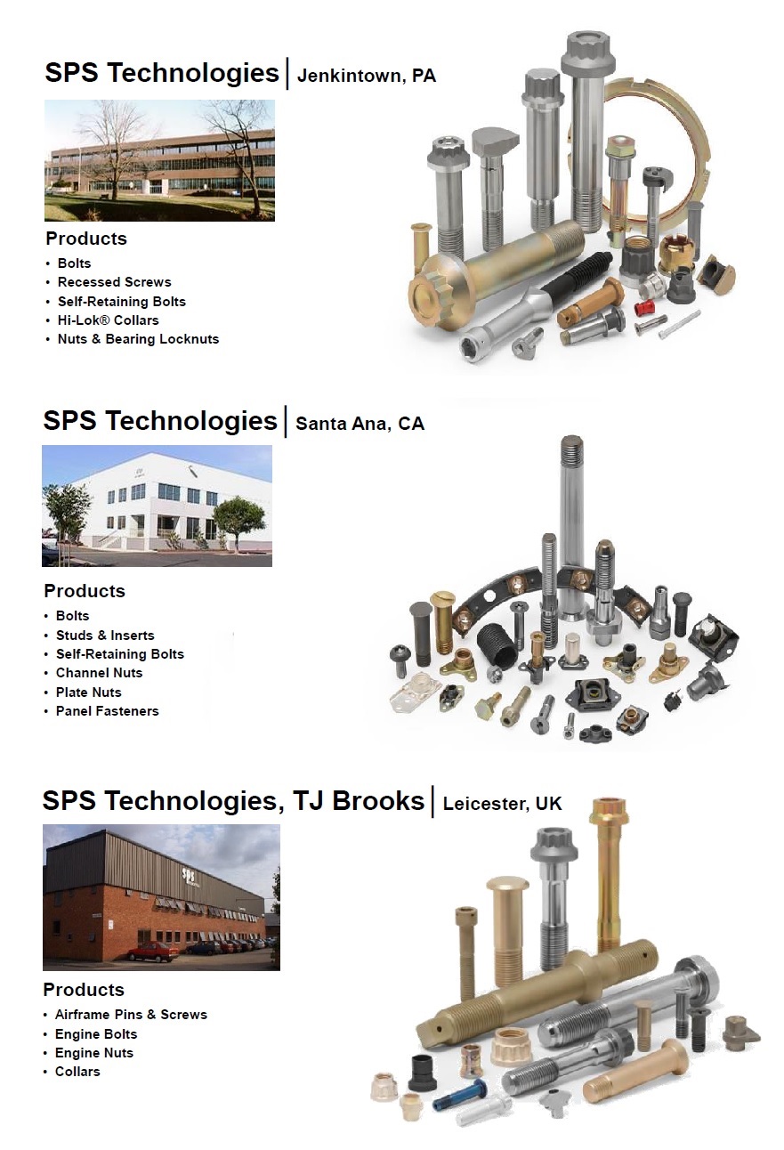 SPS TECHNOLOGIES 米国のJENKINTOWN及びSANTA ANA工場、英国の TJ BROOKS工場